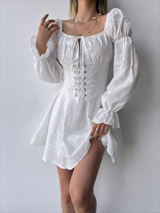 Uzun Balon Kol Korse Detaylı Rayna Brode Kadın Beyaz Mini Elbise 23Y000240