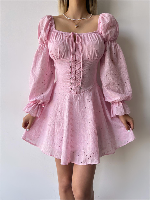 Uzun Balon Kol Korse Detaylı Rayna Brode Kadın Pembe Mini Elbise 23Y000240