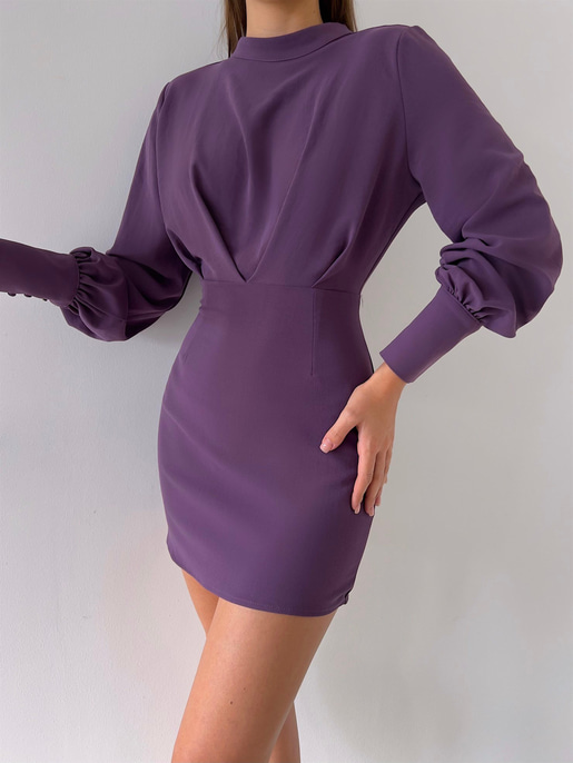 Uzun Balon Kollu Sırtı Derin Dekolteli Arbesa Kadın Mürdüm Mini Elbise 23K000167