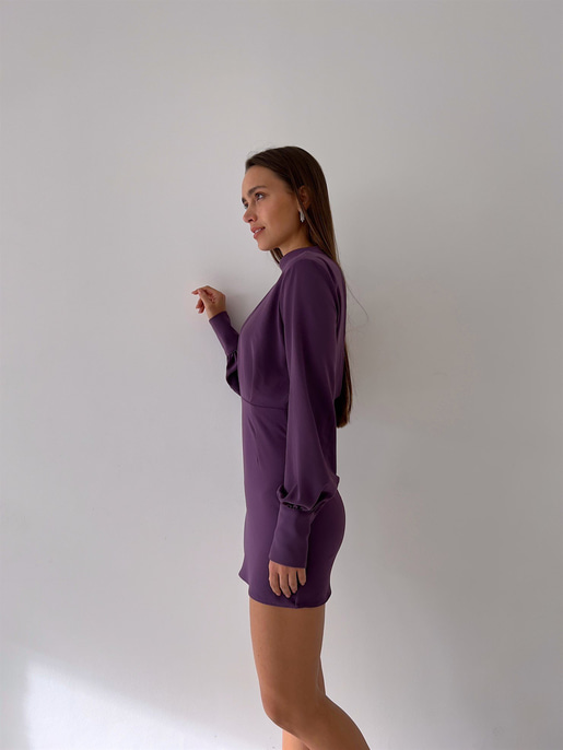 Uzun Balon Kollu Sırtı Derin Dekolteli Arbesa Kadın Mürdüm Mini Elbise 23K000167