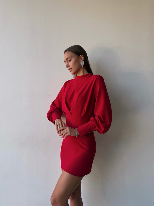 Uzun Balon Kollu Sırtı Derin Dekolteli Arbesa Kadın Kırmızı Mini Elbise 23K000167