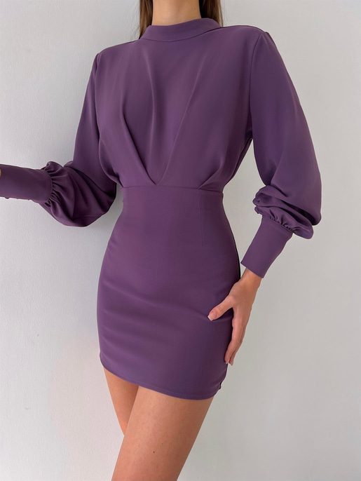 Uzun Balon Kollu Sırtı Derin Dekolteli Arbesa Kadın Mürdüm Mini Elbise 23K000167