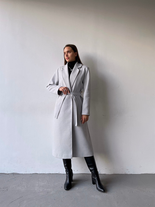 Uzun Beli Kemerli Yanları Cepli Edwin Kadın Gri Kaşe Kaban 23K000074