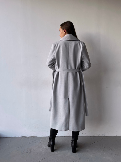 Uzun Beli Kemerli Yanları Cepli Edwin Kadın Gri Kaşe Kaban 23K000074