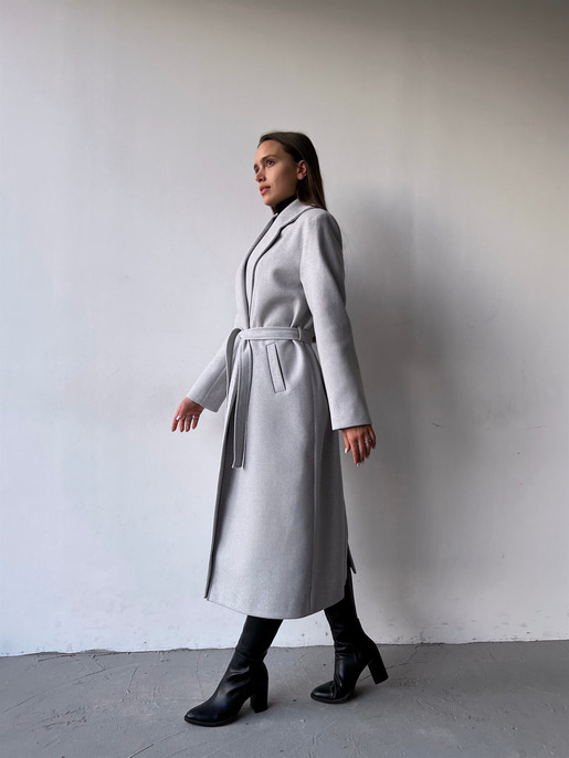 Uzun Beli Kemerli Yanları Cepli Edwin Kadın Gri Kaşe Kaban 23K000074