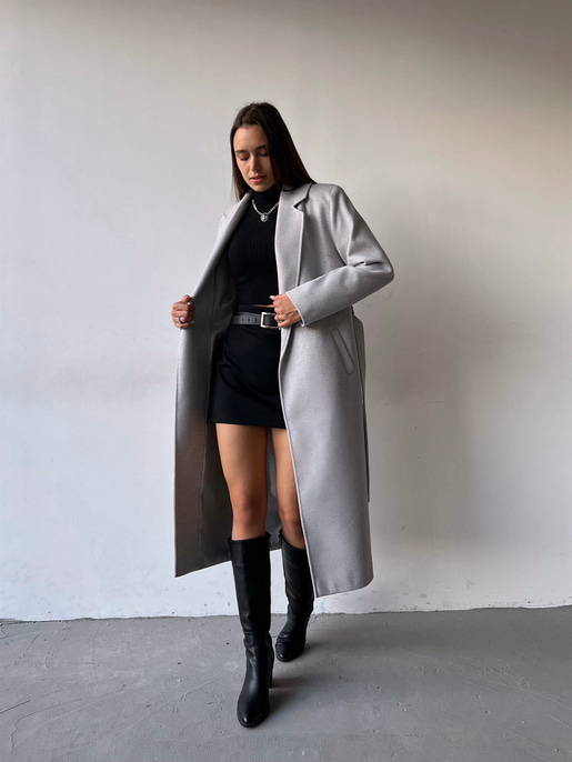 Uzun Beli Kemerli Yanları Cepli Edwin Kadın Gri Kaşe Kaban 23K000074