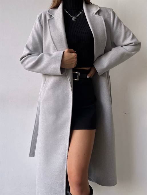 Uzun Beli Kemerli Yanları Cepli Edwin Kadın Gri Kaşe Kaban 23K000074