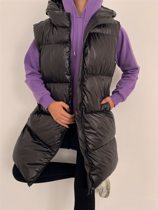 Uzun Kapüşon Kadın Siyah Şişme Yelek 22K000137
