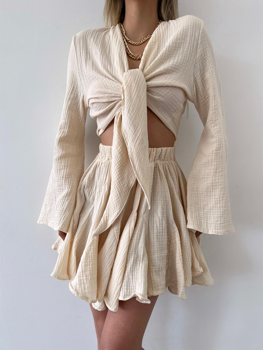 Uzun Kol Bağlamalı Crop Beli Lastikli Volanlı Etek Aryen Kadın Taş Keten Takım 23Y000230