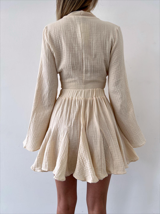 Uzun Kol Bağlamalı Crop Beli Lastikli Volanlı Etek Aryen Kadın Taş Keten Takım 23Y000230