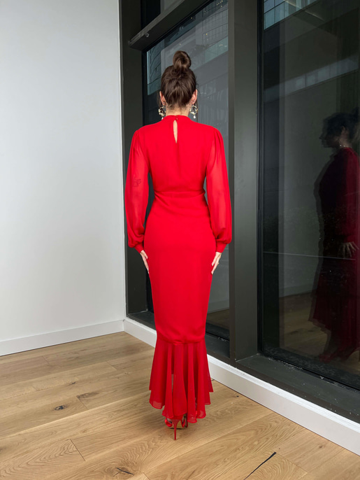 Uzun Kol Önü Büzgü Detaylı Yarım Boğazlı Olenka Kadın Kırmızı Elbise 23Y000620