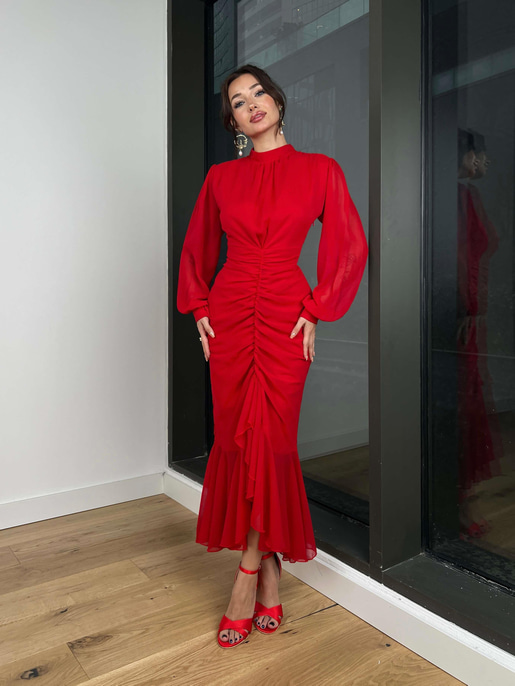 Uzun Kol Önü Büzgü Detaylı Yarım Boğazlı Olenka Kadın Kırmızı Elbise 23Y000620
