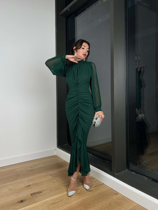 Uzun Kol Önü Büzgü Detaylı Yarım Boğazlı Olenka Kadın Zümrüt Elbise 23Y000620