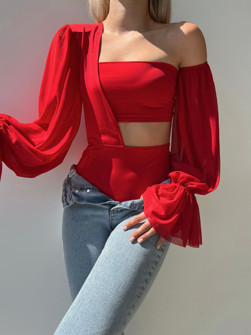 Uzun Şifon Kol Tek Omuz Vatkalı Bel Ve Omuz Dekolteli Vespa Kadın Kırmızı Bodysuit 22Y000446