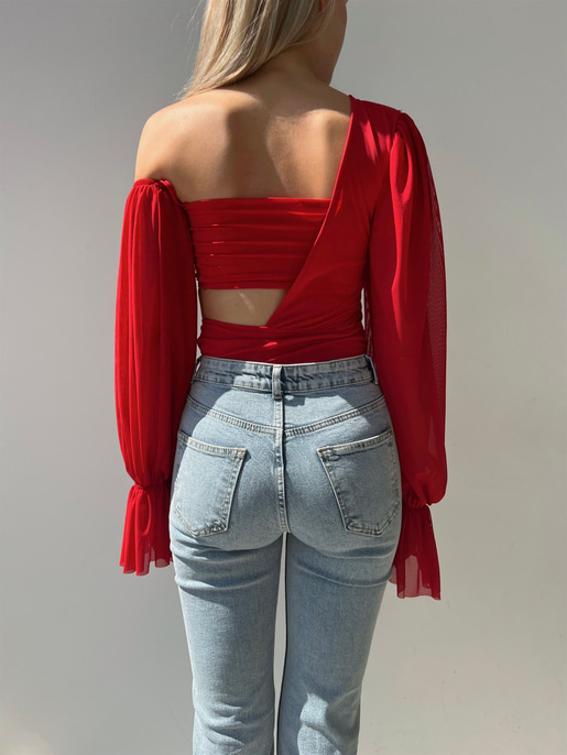 Uzun Şifon Kol Tek Omuz Vatkalı Bel Ve Omuz Dekolteli Vespa Kadın Kırmızı Bodysuit 22Y000446