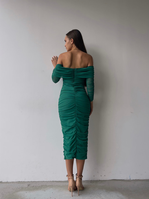 Uzun Tül Kol Düşük Omuz Drapeli Adson Kadın Yeşil Midi Boy Elbise 23K000121