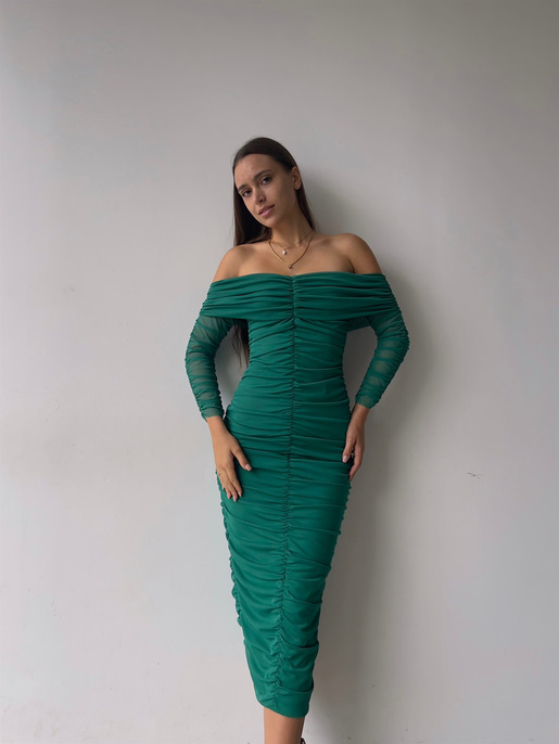 Uzun Tül Kol Düşük Omuz Drapeli Adson Kadın Yeşil Midi Boy Elbise 23K000121