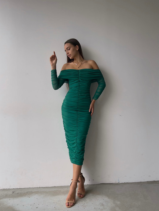 Uzun Tül Kol Düşük Omuz Drapeli Adson Kadın Yeşil Midi Boy Elbise 23K000121