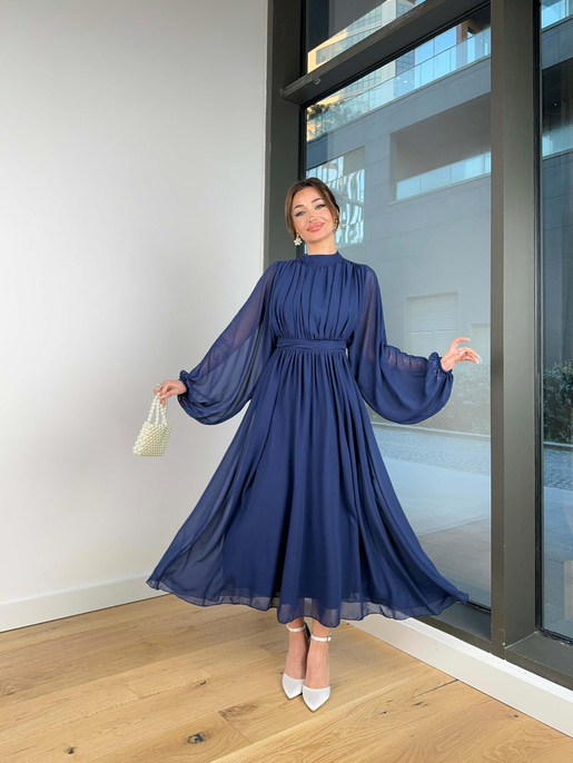 Uzun Tül Kol Zora Kadın Lacivert Elbise 23Y000496