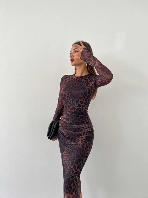 Uzun Tül Kol Zub Desenli Kahve Midi Boy Tül Elbise 24k000005