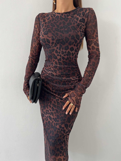 Uzun Tül Kol Zub Desenli Kahve Midi Boy Tül Elbise 24k000005