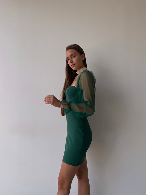 Uzun Tül Lastik Kol Kalp Yaka Göğüs Pedli Ohanna Kadın Yeşil Mini Elbise 23K000041