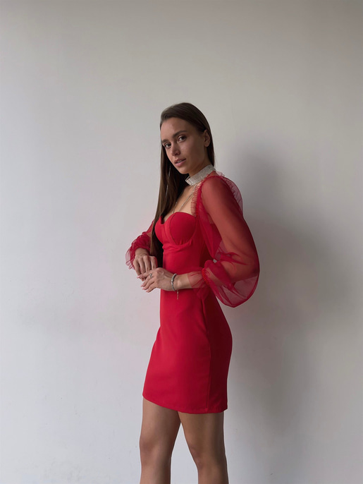 Uzun Tül Lastik Kol Kalp Yaka Göğüs Pedli Ohanna Kadın Kırmızı Mini Elbise 23K000041
