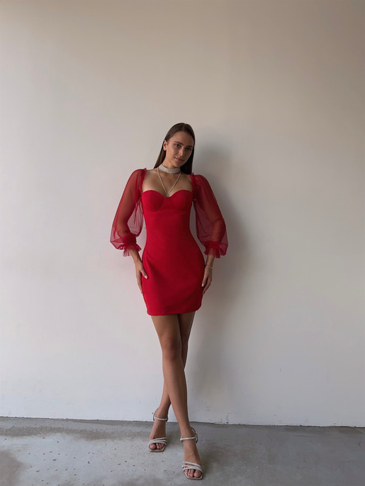 Uzun Tül Lastik Kol Kalp Yaka Göğüs Pedli Ohanna Kadın Kırmızı Mini Elbise 23K000041