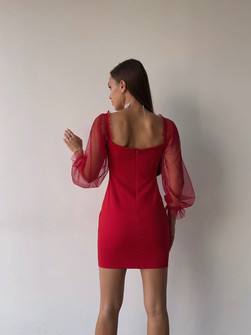 Uzun Tül Lastik Kol Kalp Yaka Göğüs Pedli Ohanna Kadın Kırmızı Mini Elbise 23K000041