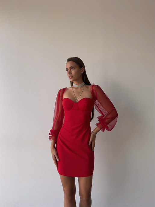 Uzun Tül Lastik Kol Kalp Yaka Göğüs Pedli Ohanna Kadın Kırmızı Mini Elbise 23K000041