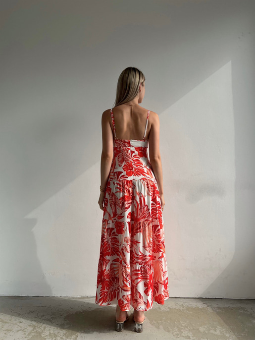 Uzun Yaprak Desenli Göğüs Pencereli Volanlı Pelike Kadın Kırmızı Elbise 22Y000391