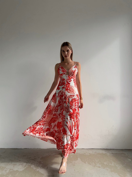 Uzun Yaprak Desenli Göğüs Pencereli Volanlı Pelike Kadın Kırmızı Elbise 22Y000391