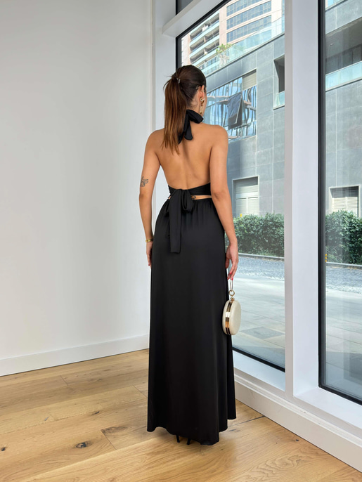 V Yaka Boyundan Bağlamalı Arsen Kadın Siyah Elbise 24Y831