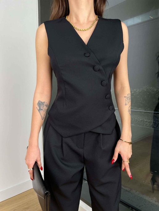 V Yaka Çapraz Düğmeli Yelek Yüksek Bel Pens Detaylı Pantolon Alisha Kadın Siyah Takım 24k417