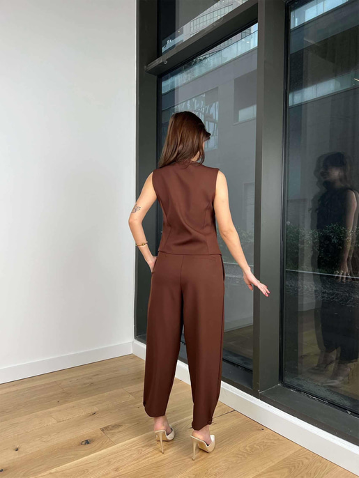 V Yaka Çapraz Düğmeli Yelek Yüksek Bel Pens Detaylı Pantolon Alisha Kadın Kahve Takım 24k417