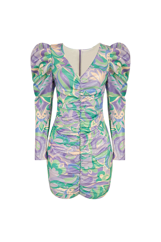 V Yaka Desenli Uzun Kol Lucy Kadın Lila Kısa Elbise 23K000410