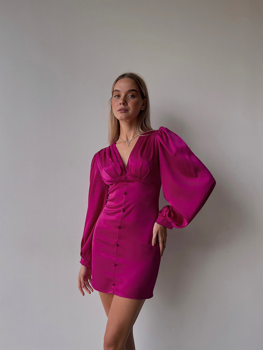 V Yaka Düğme Detay Uzun Kollu Nerolia Kadın Fuşya Elbise 23K000089