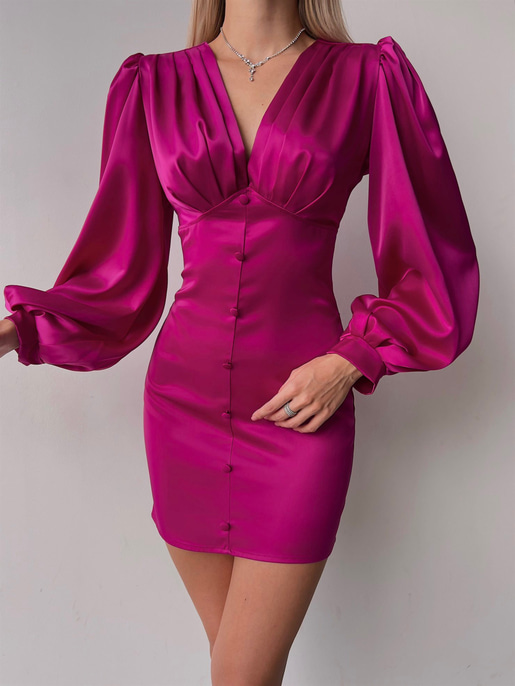 V Yaka Düğme Detay Uzun Kollu Nerolia Kadın Fuşya Elbise 23K000089