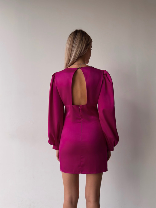 V Yaka Düğme Detay Uzun Kollu Nerolia Kadın Fuşya Elbise 23K000089