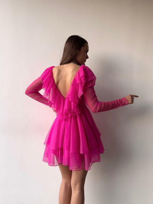 V Yaka Fırfırlı Uzun Tül Kol Elvira Kadın Fuşya Elbise 23K000378