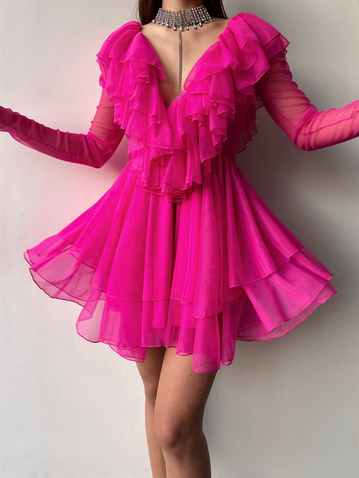 V Yaka Fırfırlı Uzun Tül Kol Elvira Kadın Fuşya Elbise 23K000378