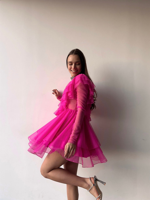 V Yaka Fırfırlı Uzun Tül Kol Elvira Kadın Fuşya Elbise 23K000378