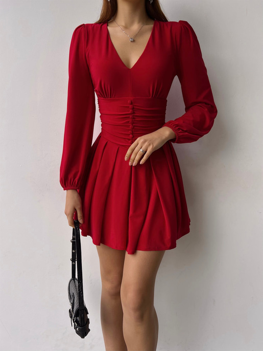 V Yaka Ön Düğme Detaylı Dahlia Kadın Kırmızı Elbise 23K000360