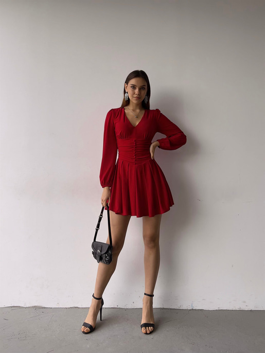 V Yaka Ön Düğme Detaylı Dahlia Kadın Kırmızı Elbise 23K000360
