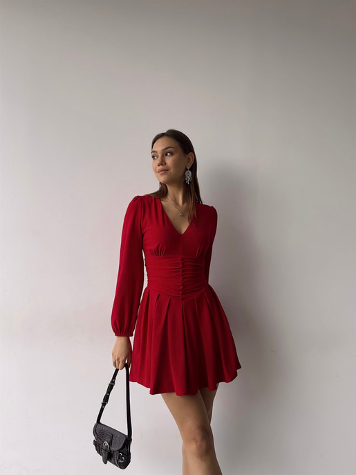 V Yaka Ön Düğme Detaylı Dahlia Kadın Kırmızı Elbise 23K000360