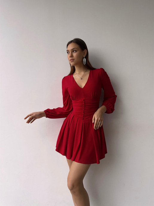 V Yaka Ön Düğme Detaylı Dahlia Kadın Kırmızı Elbise 23K000360