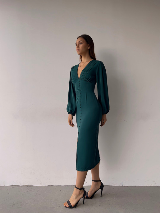 V Yaka Önden Yırtmaçlı Uzun Kol Berry Kadın Zümrüt Elbise 23K000361