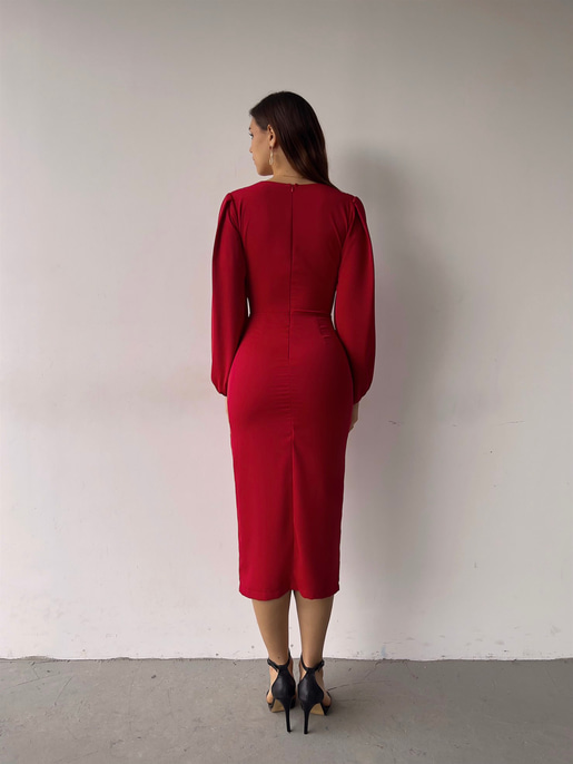 V Yaka Önden Yırtmaçlı Uzun Kol Berry Kadın Kırmızı Elbise 23K000361