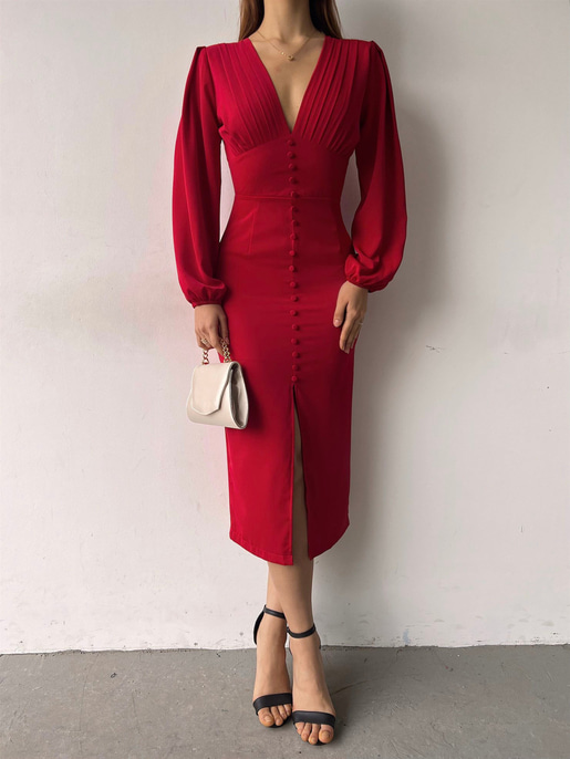 V Yaka Önden Yırtmaçlı Uzun Kol Berry Kadın Kırmızı Elbise 23K000361