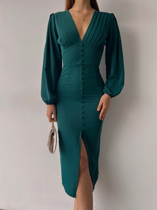 V Yaka Önden Yırtmaçlı Uzun Kol Berry Kadın Zümrüt Elbise 23K000361